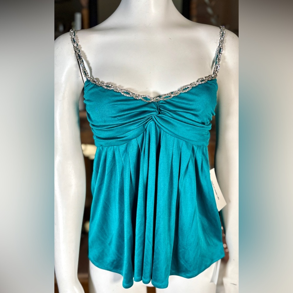 Charles Chang Lima 100% Silk Twist Front Teal Camisole w/ Rhinestones Sz 6/10/12